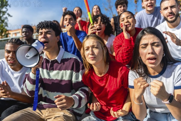 Diverse group of young people gathered for a protest or rally, expressing strong emotions and