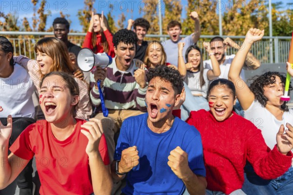 Energetic group of diverse young adults and friends showing excitement and support for their team,