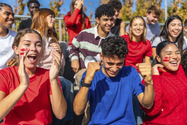 Energetic, diverse group of young adult spectators passionately cheering and celebrating their
