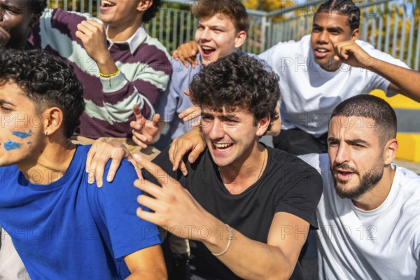 Diverse young male friends are excitedly cheering on their team from stadium stands, showing