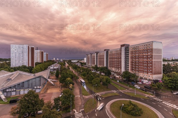 Large residential complex of prefabricated buildings, on the left the windmill skyscrapers in