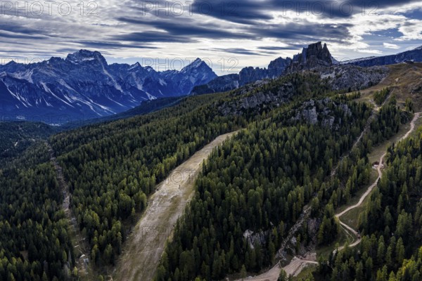 Ski slope, downhill, autumn, tourism, environmental degradation, Cinque Torri Ski Resort,