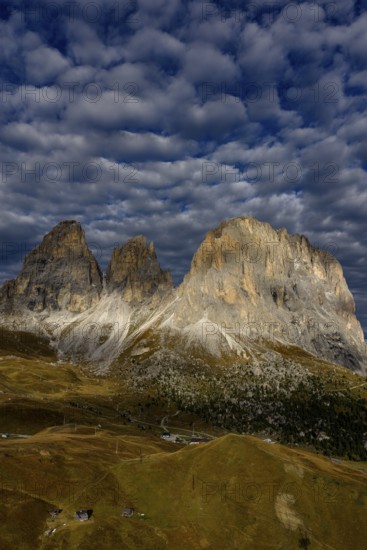 Mountain landscape, steep mountains, morning light, cloud atmosphere, autumn, Sella Pass, view of