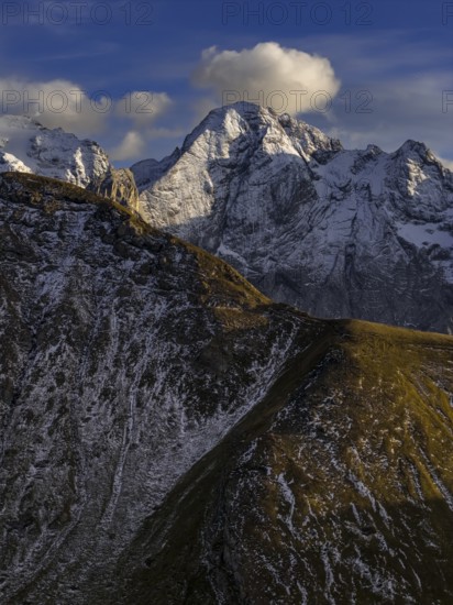 Steep mountains, snowy, mountain range, sunny, wild, autumn, aerial view, Pordoi Pass, view of