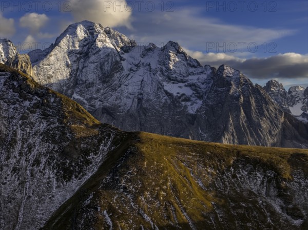 Steep mountains, snowy, mountain range, sunny, wild, autumn, aerial view, Pordoi Pass, view of