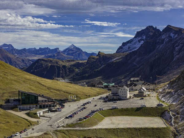 Road, curves, serpentines, pass road, pass, hotel, parking, autumn, sunny, Pordoi Pass, Dolomites,