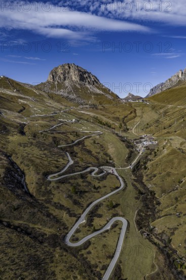 Road, curves, serpentines, pass road, autumn, sunny, Pordoi Pass, Dolomites, Italy