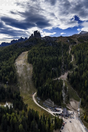 Ski slope, downhill, autumn, tourism, environmental degradation, Cinque Torri Ski Resort,
