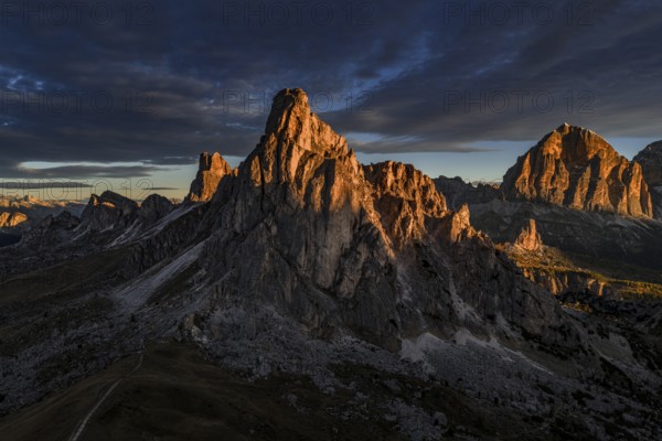 Mountain landscape, morning light, cloud atmosphere, autumn, aerial view, Giau Pass, view of Tofana
