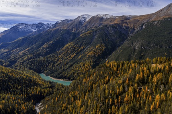 Mountain landscape, wild, untouched, coniferous forest, sunny, riverbed, autumn, larch forest,