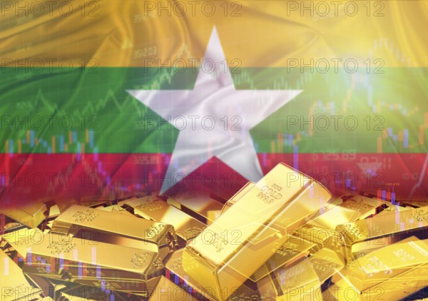 Gold bars on Myanmar flag in background. Gold bars stacked on Burmese flag. Concept of Myanmar gold