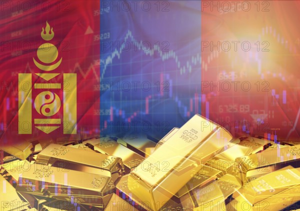 Gold bars on Mongolia flag in background. Gold bars stacked on Mongolian flag. Concept of Mongolia