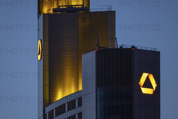 The top of the Commerzbank Tower in Fankfurt am Main glows in the evening, Frankfurt am Main,