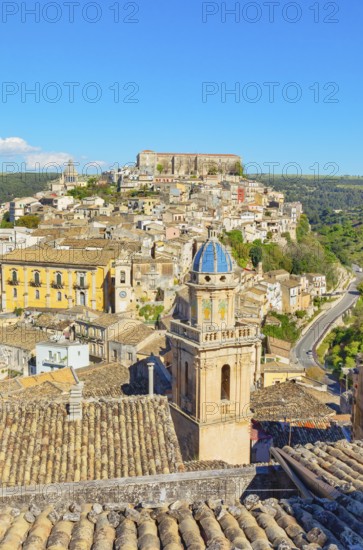 Elevated view of the church of Santa Maria dell'Itria and Ragusa Ibla in the distance, Ragusa Ibla,