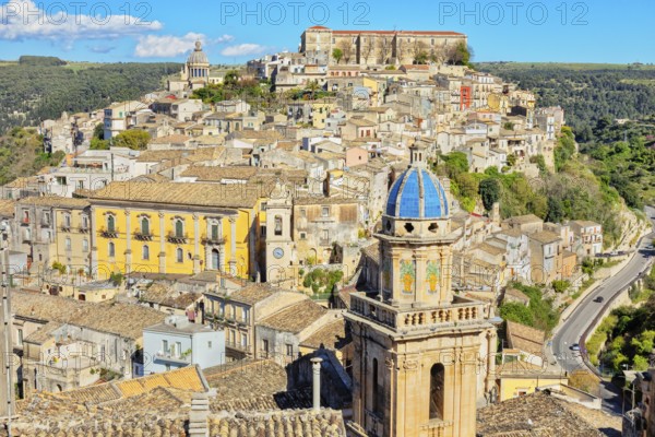 Elevated view of the church of Santa Maria dell'Itria and Ragusa Ibla in the distance, Ragusa Ibla,