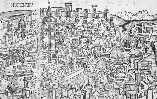 Old town of Florence or Florencia with river Arno, Florence Cathedral or Duomo di Firenze, detail