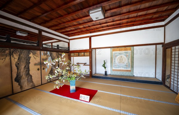 Interior, traditional Japanese architecture with tatami mats, Ninna-ji, Buddhist temple complex,