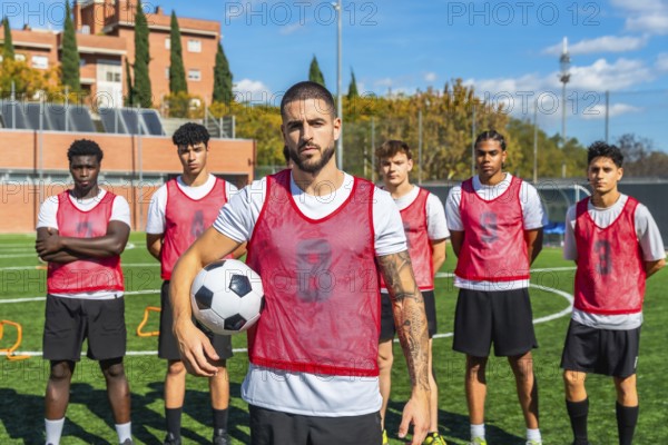 Soccer captain stands with ball on green pitch, leading a diverse, determined team of young male