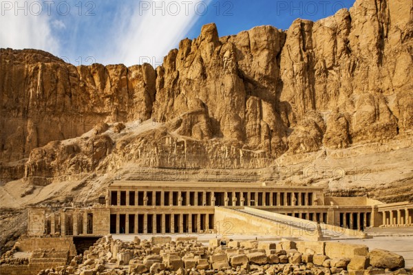 Mortuary temple of Pharaoh Hatshepsut - Deir el-Bahari, behind the rock face lies the Valley of the