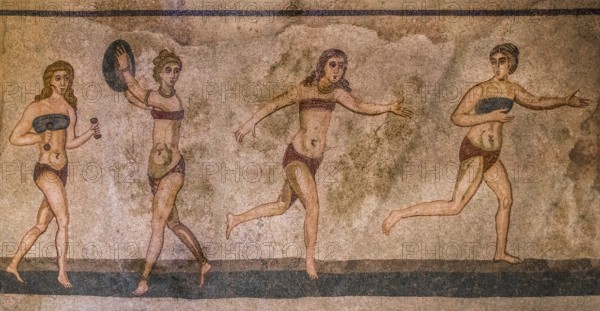 The bikini girls, sportswomen, mosaic floor, late Roman luxury villa from the 3rd - 4th century,