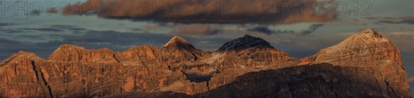 Steep mountains, mountain range, sunset, cloudy, panorama, autumn, Pordoi Pass, view of Tofana