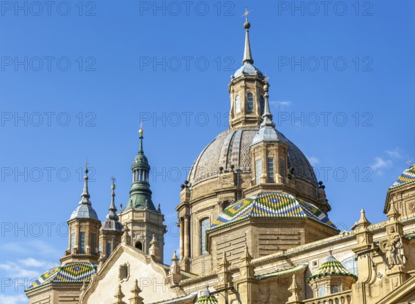 Towers and domes on roof of Basilica of Our Lady of the Pillar cathedral church, Zaragoza, Aragon,