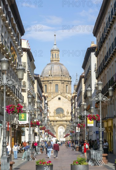 View of Basilica of Our Lady of the Pillar cathedral church from Calle de Alfonso I, Zaragoza,