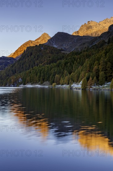 Mountain lake, reflection, mountains, larch forest, autumn discoloration, autumn, sunrise, Lake