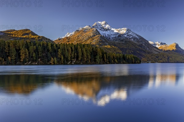 Mountain lake, reflection, mountains, larch forest, autumn discoloration, autumn, sunrise, Lake