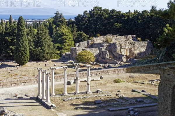 Middle terrace, Apollo temple columns, at the back presumably buildings with patients' apartments,