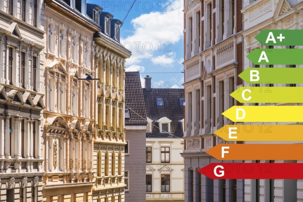 Street with old buildings from the Wilhelminian period, graphic with energy efficiency classes for