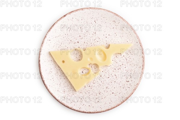 Piece of cheese with holes on plate isolated on white background, top view, flat lay, copy space,