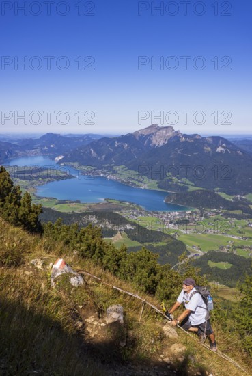 Hikers at the Iron Ladder on the way to Rettenkogel with Wolfgangsee, Postalm, Osterhorn Group,