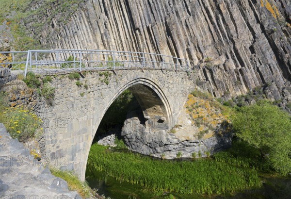 Nature surrounds an old stone bridge, which crosses a densely vegetated river and is flanked by