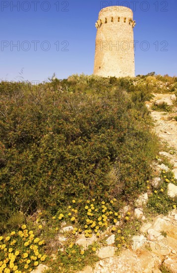 Nature reserve, national park, old watchtower Torre del Cap d'Or, Moraira, on Playa del Portet,