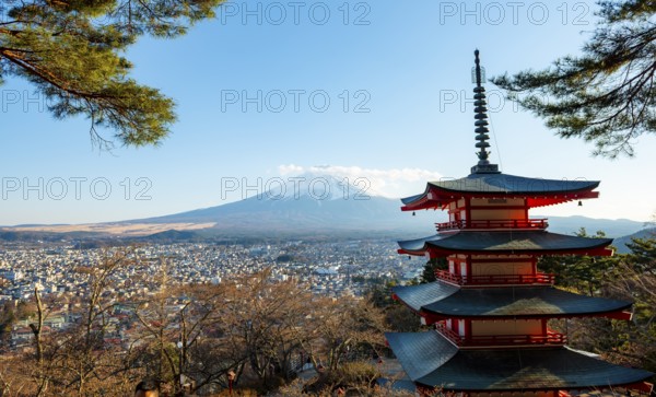 Five-story pagoda of a Shinto Shrine, Chureito Pagoda, with views of Fujiyoshida City and Mount