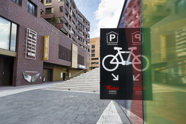 Sign with inscription, pictogram, bicycle garage, bicycle parking garage at the museum, Port des