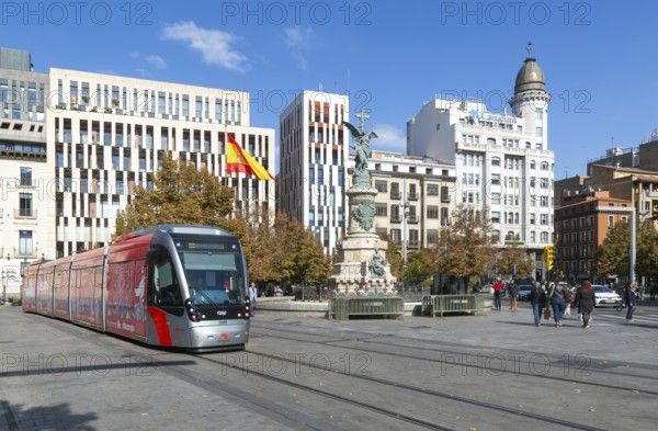 Light rail tram city public transport system CAF Urbos 3 trams, Tranvía de Zaragoza, Plaza de