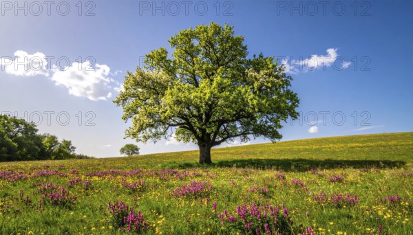 A serene landscape featuring a large tree by a stream at sunset with vibrant green grass and