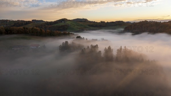 Aerial view, sunrise, typical landscape in autumn with vineyards, South Styrian hills, South