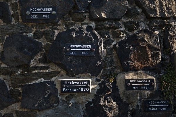 Rhine flood marks on the city wall of Unkel, Neuwied district, Rhineland-Palatinate, Lower Middle