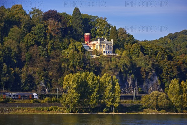Marienfels Castle with Rhine and regional train from National Express Rhine, Remagen,