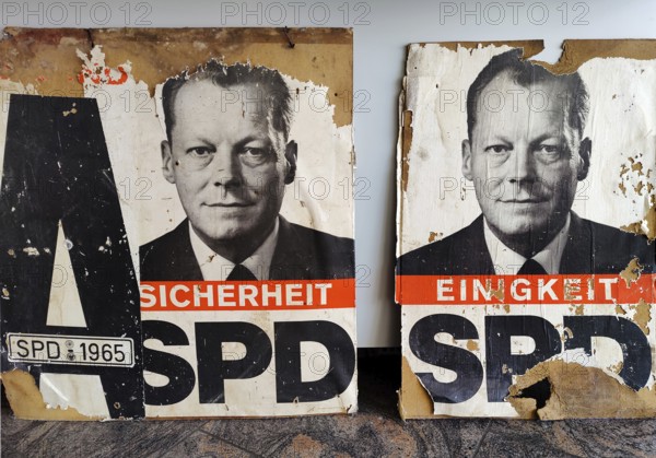 Old election posters with Willy Brandt in the Willy Brandt Forum, Unkel, Rhineland-Palatinate,