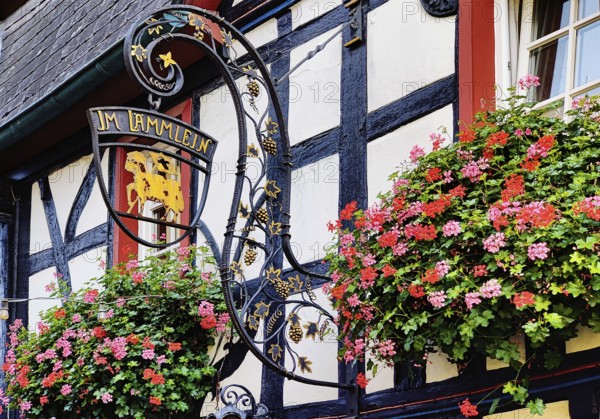 Half-timbered house with nose sign in the old town of Unkel, Rotweinstadt, Neuwied district,