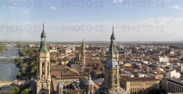 Rooftops of cathedral church Basilica of Our Lady of the Pillar, city centre of Zaragoza, Aragon,