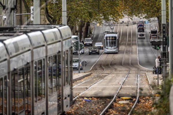 Bogestra tram, line 302 on Alleestraße, driving school, training trip, tram line in the middle of