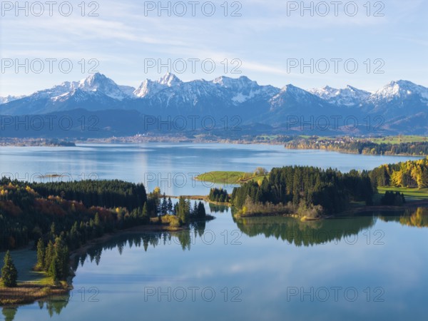 Extensive nature with mountains, a quiet lake and autumn colors, Illasbergsee, Forggensee, near
