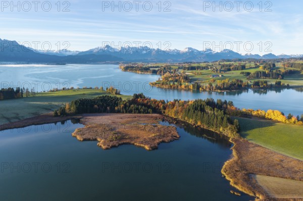 Wide landscape with calm lake and colorful trees against alpine backdrop, Illasbergsee, Forggensee,