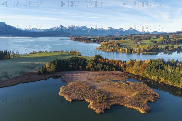Autumn landscape with a lake surrounded by trees and mountains, Illasbergsee, Forggensee, near