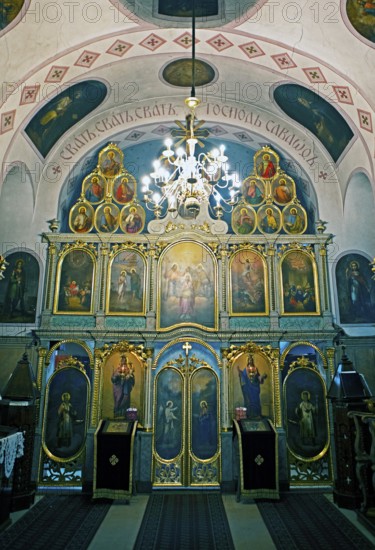 Iconastase in the Serbian Orthodox Church of St. Nicholas, oldest in town, old town, interior view,